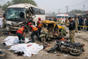 خیابانِ سرور روڈ پر مسافر کوچ، رکشہ اور موٹرسائیکل میں شدید تصادم