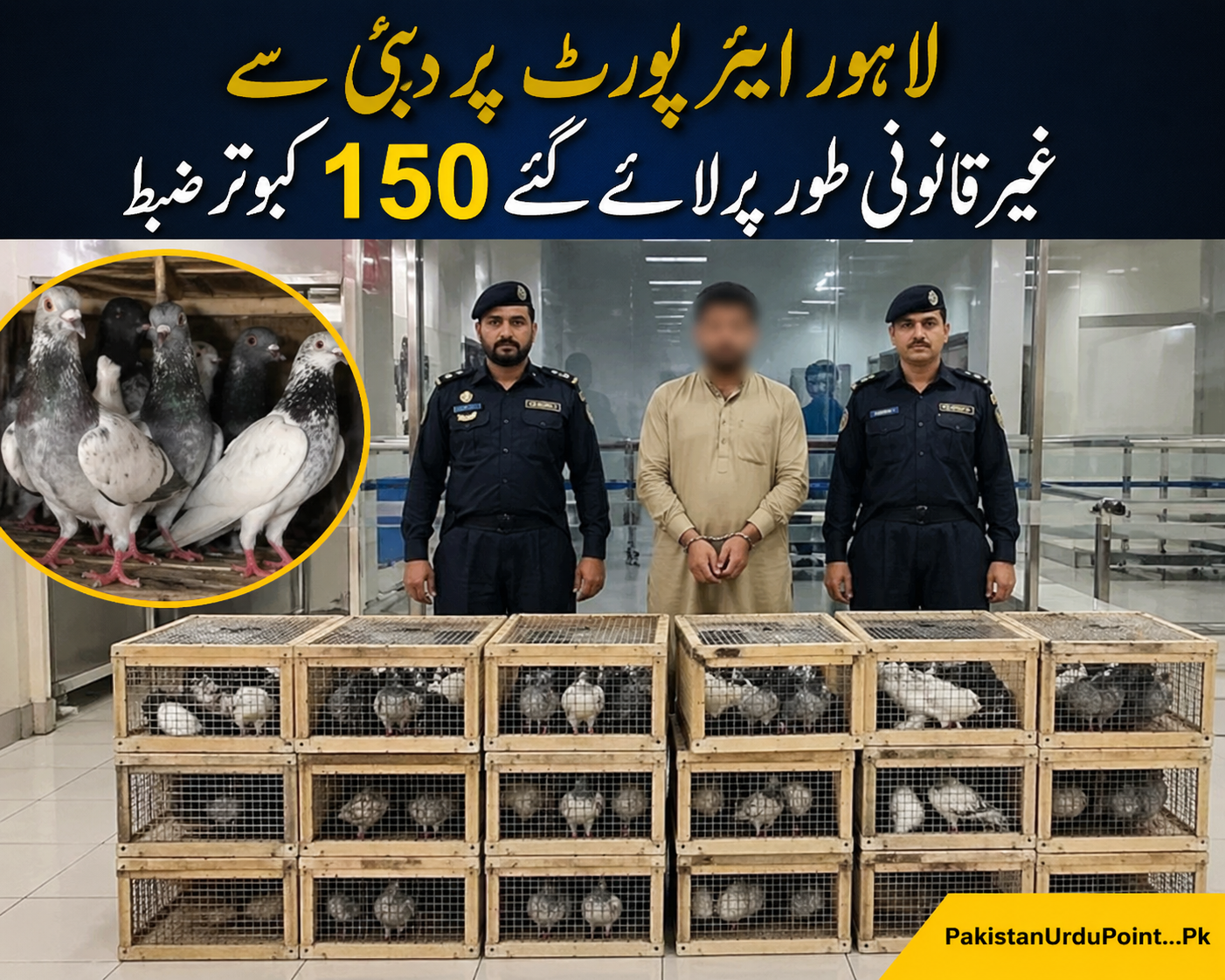 لاہور ایئرپورٹ پر دبئی سے غیر قانونی طور پر لائے گئے 150 کبوتر ضبط ، ملزم گرفتار